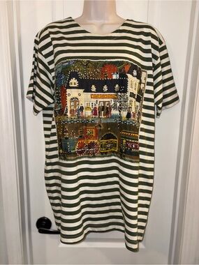 VTG 80s 90s I AM Striped Christmas Tapestry Top M Dickens Village Train Holiday